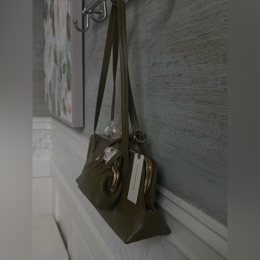 NWT new Anthropologie faux leather east west bag purse moss Green olive + mini - Picture 10 of 16